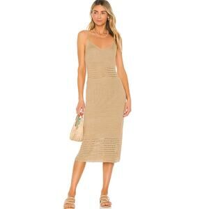 Line and Dot Revolve Isabel Crochet Midi Dress V-Neck Open Knit Boho Preppy Tan